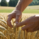 **

A close-up shot of a French farmer carefully inspecting a wheat field. Focus on details like yellowing leaves, suspicious spots, or deformations, highlighting early signs of plant disease. The scene is lit with soft, natural light, emphasizing the importance of observation. In the background, a typical French farmhouse and rolling hills can be subtly visible. Style: Photorealistic, with a slightly shallow depth of field to draw attention to the plant symptoms.

**