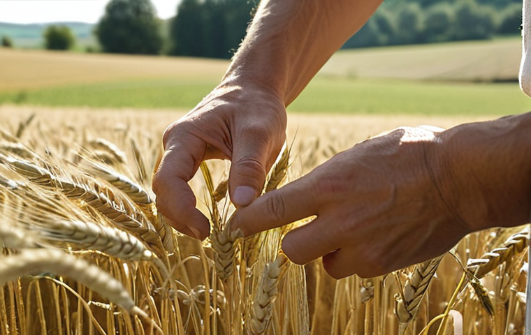 **
A close-up shot of a French farmer carefully inspecting a wheat field. Focus on details like yellowing leaves, suspicious spots, or deformations, highlighting early signs of plant disease. The scene is lit with soft, natural light, emphasizing the importance of observation. In the background, a typical French farmhouse and rolling hills can be subtly visible. Style: Photorealistic, with a slightly shallow depth of field to draw attention to the plant symptoms.
**