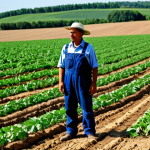 A professional agricultural engineer, fully clothed in appropriate field attire and modest professional dress, stands in a vibrant, sustainable agricultural field in Occitanie, France. The engineer is observing resilient crops with a thoughtful expression, surrounded by advanced drip irrigation systems. The soil appears rich and healthy, indicative of agroecological practices and carbon sequestration. The scene captures the essence of innovation and climate adaptation in farming. Perfect anatomy, correct proportions, natural pose, well-formed hands, proper finger count, natural body proportions, professional photography, high quality, safe for work, appropriate content, family-friendly.
