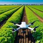 농업환경기술자와 스마트팜 기술 - **Prompt:** A vibrant, futuristic agricultural landscape under a clear sky. In the foreground, a fie...