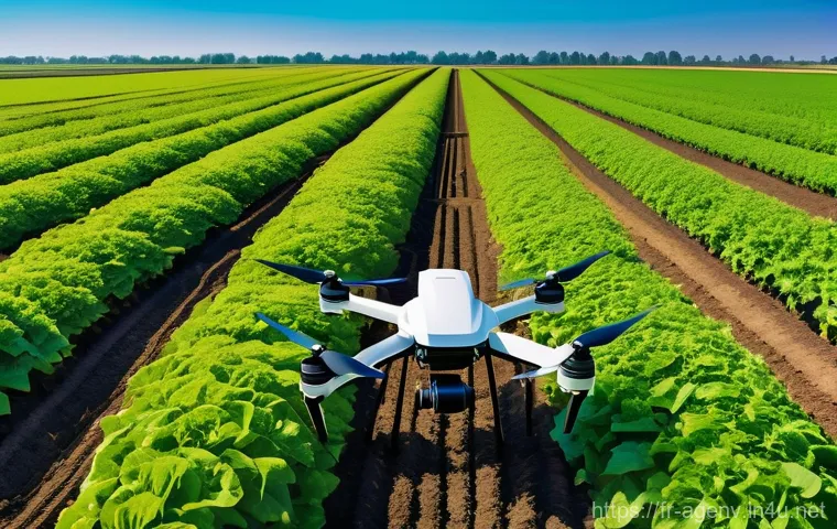 농업환경기술자와 스마트팜 기술 - **Prompt:** A vibrant, futuristic agricultural landscape under a clear sky. In the foreground, a fie...