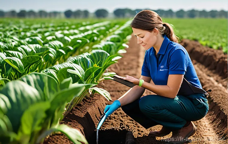 농업환경기술자와 스마트팜 기술 - **Prompt:** A vibrant, futuristic agricultural landscape under a clear sky. In the foreground, a fie...