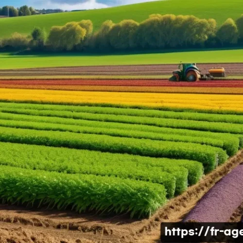 농업환경기술자와 기후 변화 대응 - A vibrant organic farm landscape in rural France during spring, showcasing sustainable soil manageme...