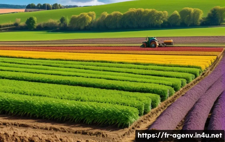 농업환경기술자와 기후 변화 대응 - A vibrant organic farm landscape in rural France during spring, showcasing sustainable soil manageme...