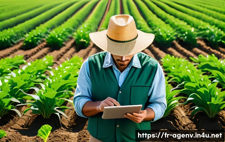 농업환경기술자 해외 사례 연구 - A modern Spanish agricultural farm landscape featuring rows of crops monitored by advanced smart sen...