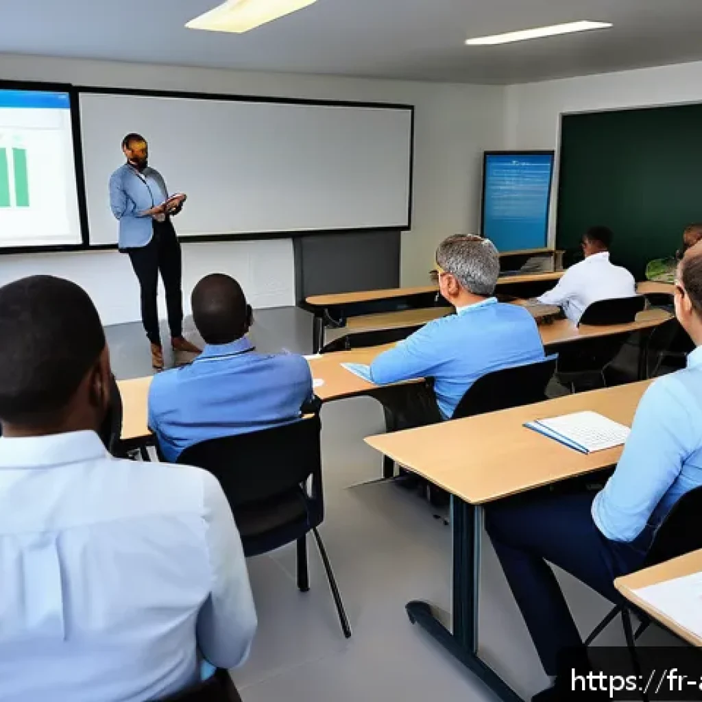 농업환경기술자 자격증 유지 관리 팁 - A professional French agricultural training session in a modern classroom setting, featuring diverse...