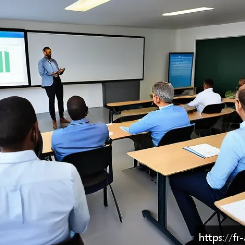 농업환경기술자 자격증 유지 관리 팁 - A professional French agricultural training session in a modern classroom setting, featuring diverse...