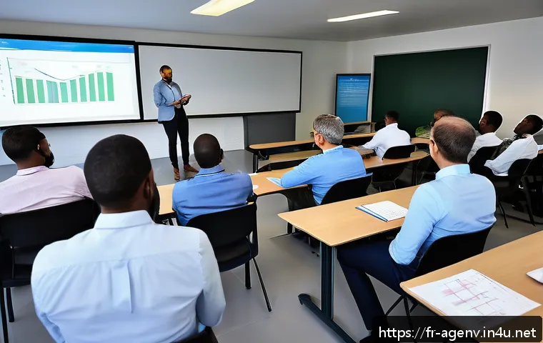 농업환경기술자 자격증 유지 관리 팁 - A professional French agricultural training session in a modern classroom setting, featuring diverse...