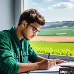 농업환경기술자 시험 성적 분석 노하우 - A focused French engineering student studying environmental agriculture at a desk covered with textb...