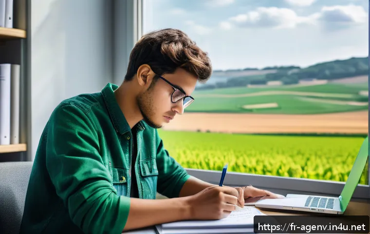 농업환경기술자 시험 성적 분석 노하우 - A focused French engineering student studying environmental agriculture at a desk covered with textb...