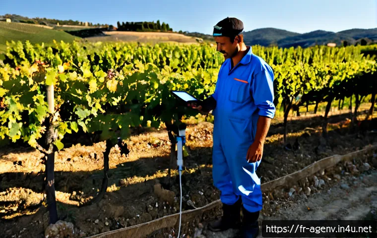 농업환경기술자 자격증과 IT 기술 활용 - Photorealistic French agricultural environmental technician standing in a sunlit vineyard in rural P...