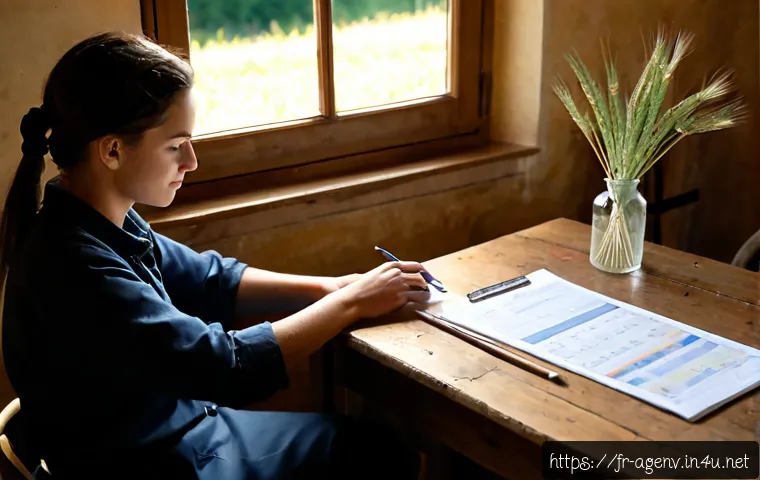 농업환경기술자 시험 문제 유형 파악법 - Photorealistic French agricultural technician preparing for a professional certification exam at a t...